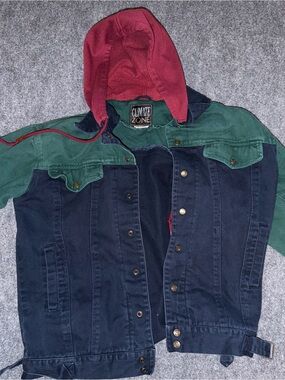 90s Climate Zone Colorblock Hooded Denim Jacket - Navy, Green & Red Vintage